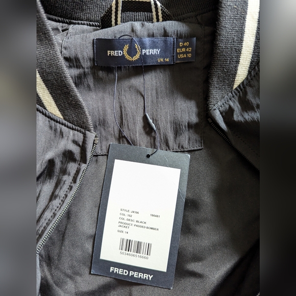 Fred Perry Padded Bomber Black and White Jacket - Picture 5 of 5